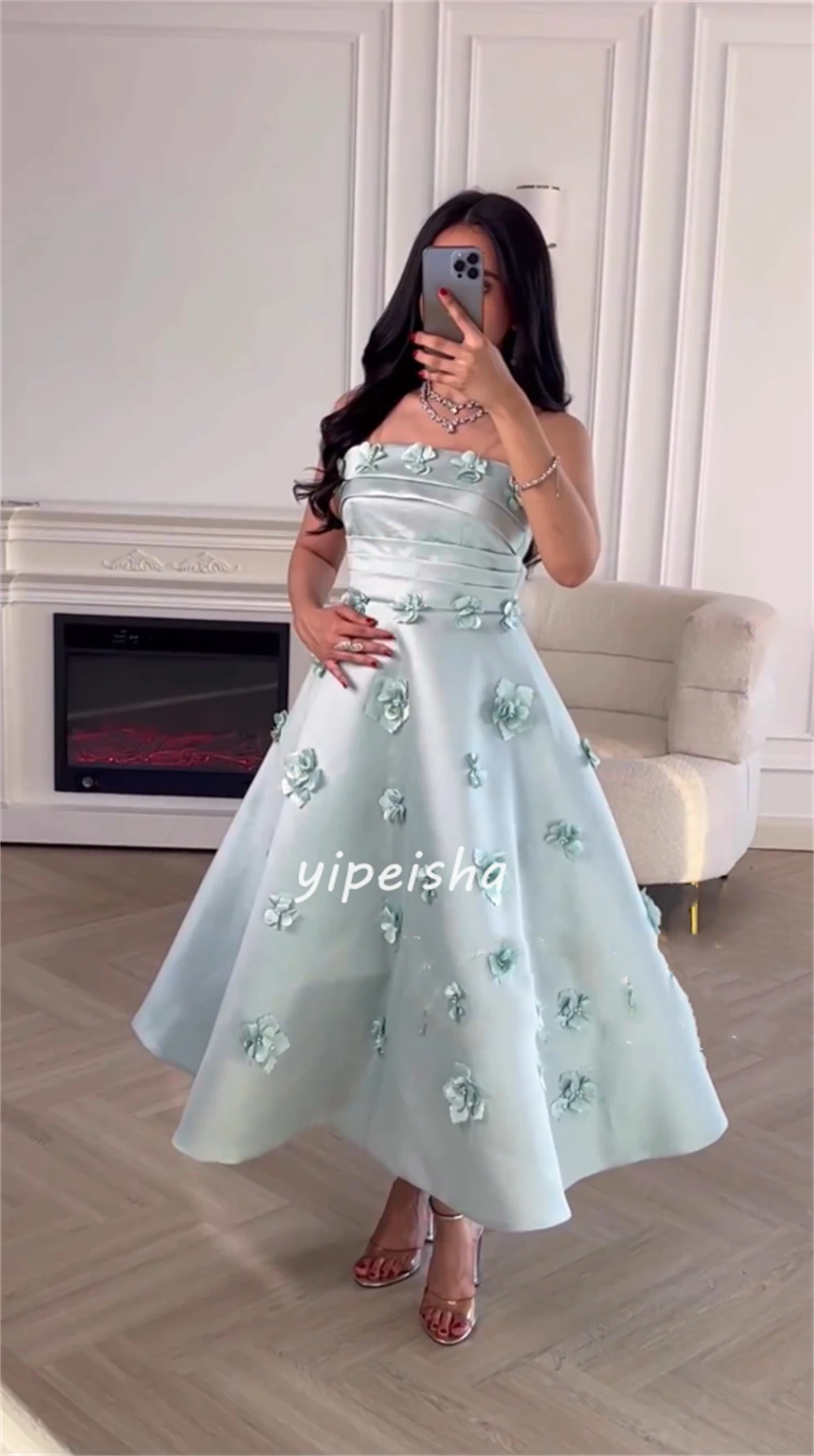 High Quality Satin Flower Beading Ruched A-line Strapless Midi Dresses Celebrity Dresses Sexy Sparkle Sizes Available Intricate