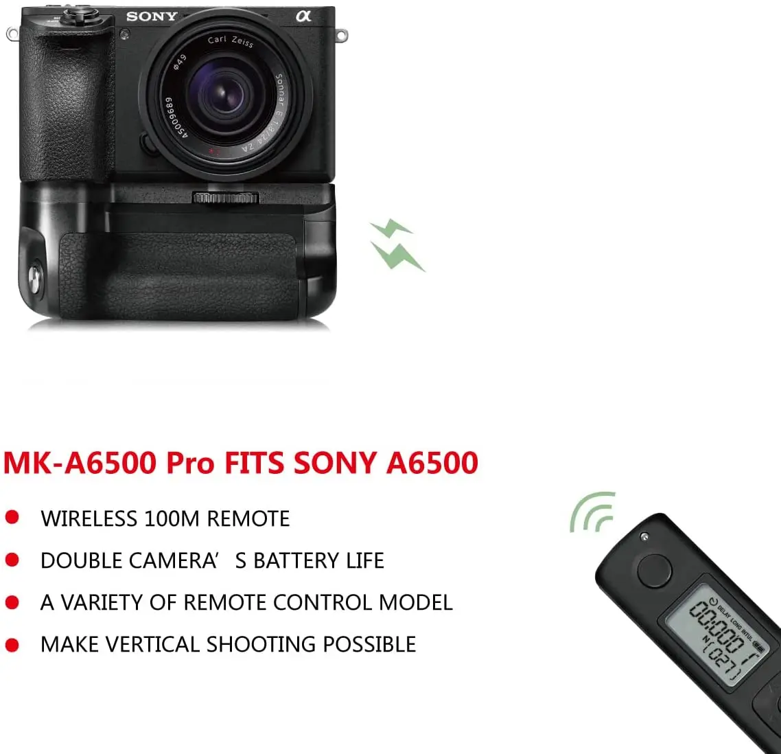 Meike MK-A6500 Pro Battery Grip Built-in Remote Control 100M Vertical-Shooting with FW50 Battery for Sony A6500 Mirroless Camera