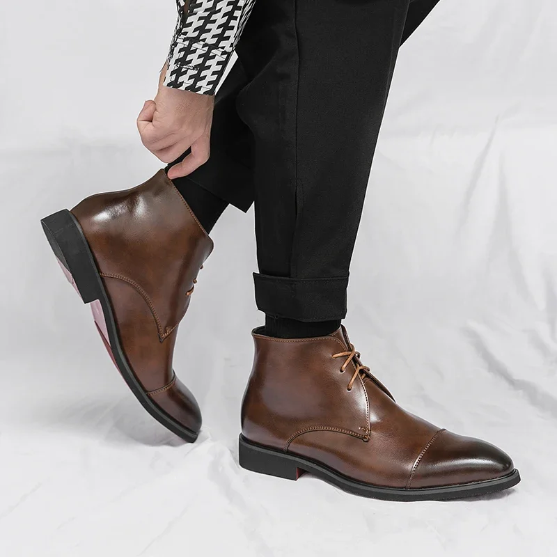 Red Sole Men Ankle Boots Square Toe Lace-up Business Chelsea Boots Men Handmade Black Shoes Men