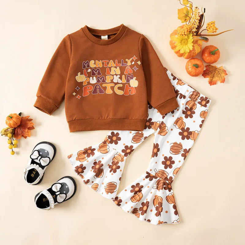 

Halloween Children Baby Girl Pant Sets Autumn Clothes Outfits Long Sleeve Tops and Pumpkin Floral Pants Baby Items Clothing