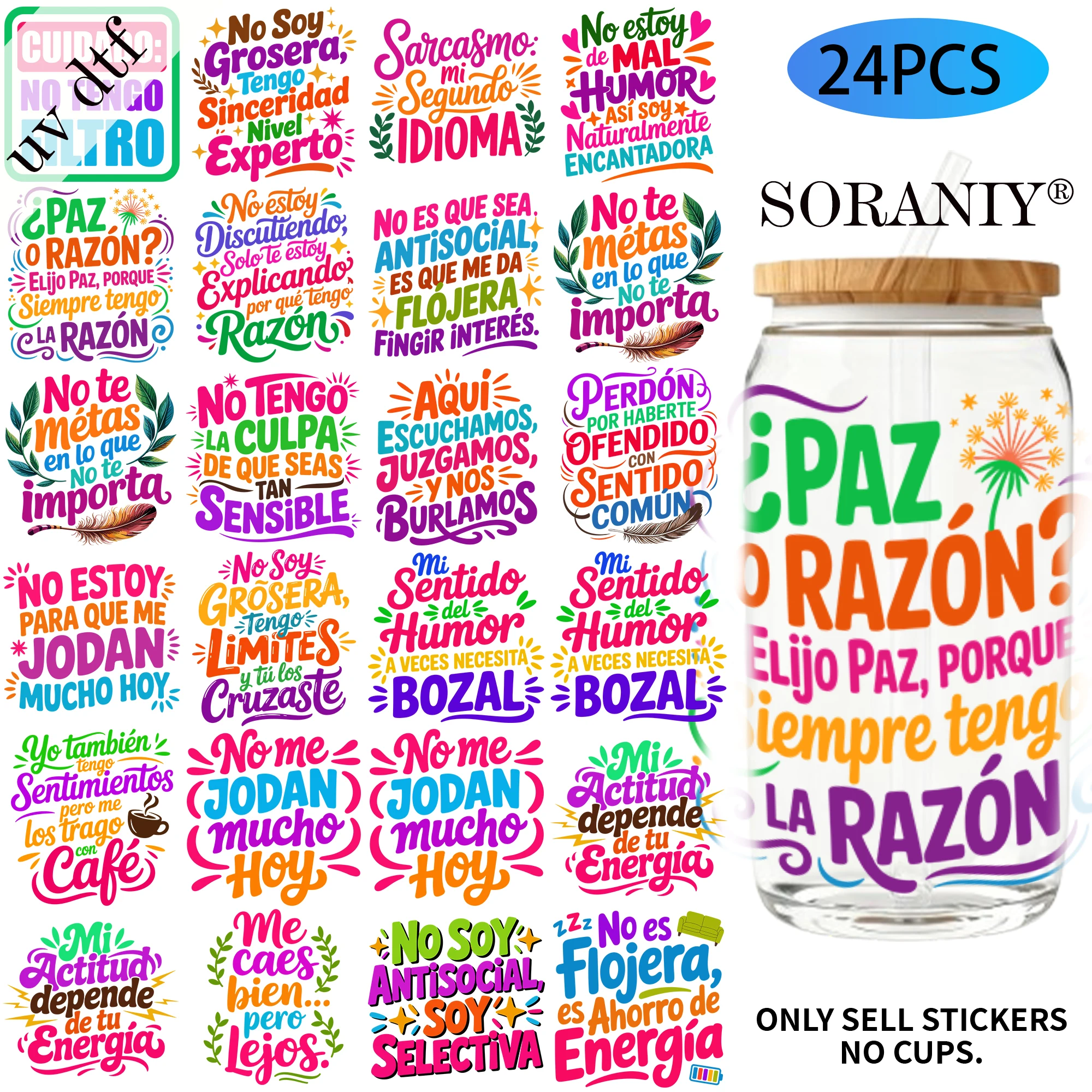 

24PCS/Set Spanish Sarcastic Sayings Seal Themed UV DTF 16OZ DIY Transfer Paper Set Used For 16oz Water Bottles Glass BottlesDIY