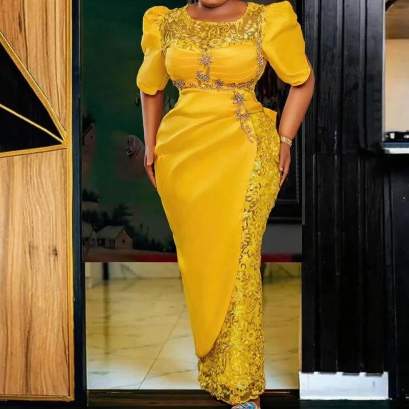 

Women Long Beaded Lace African Wedding Party Dress Plus Size Evening Dresses Gold Yellow Formal Prom Dresses