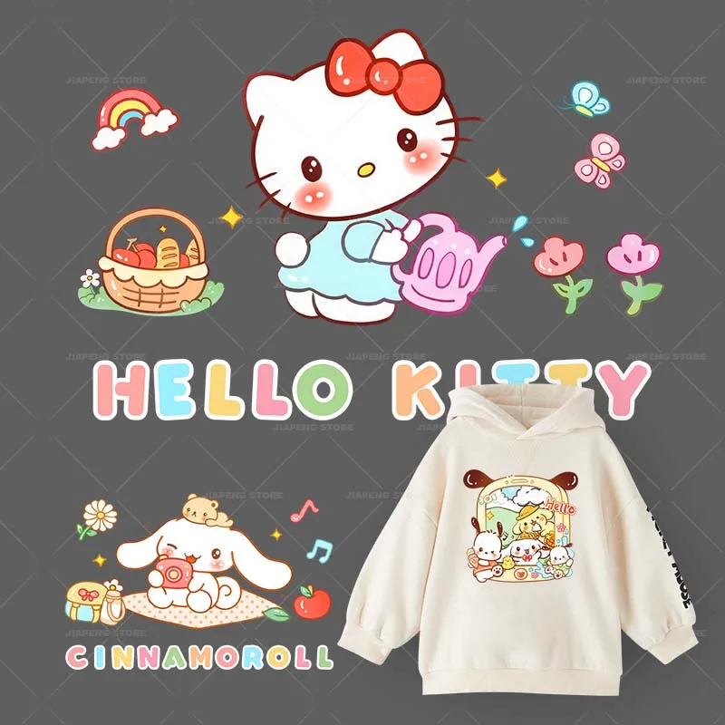 Hello Kitty Cinnamoroll Printed Stickers For Kids Clothes Cute Sanrio Cartoon Patches Iron on Transfers On Girl Clothing DIY