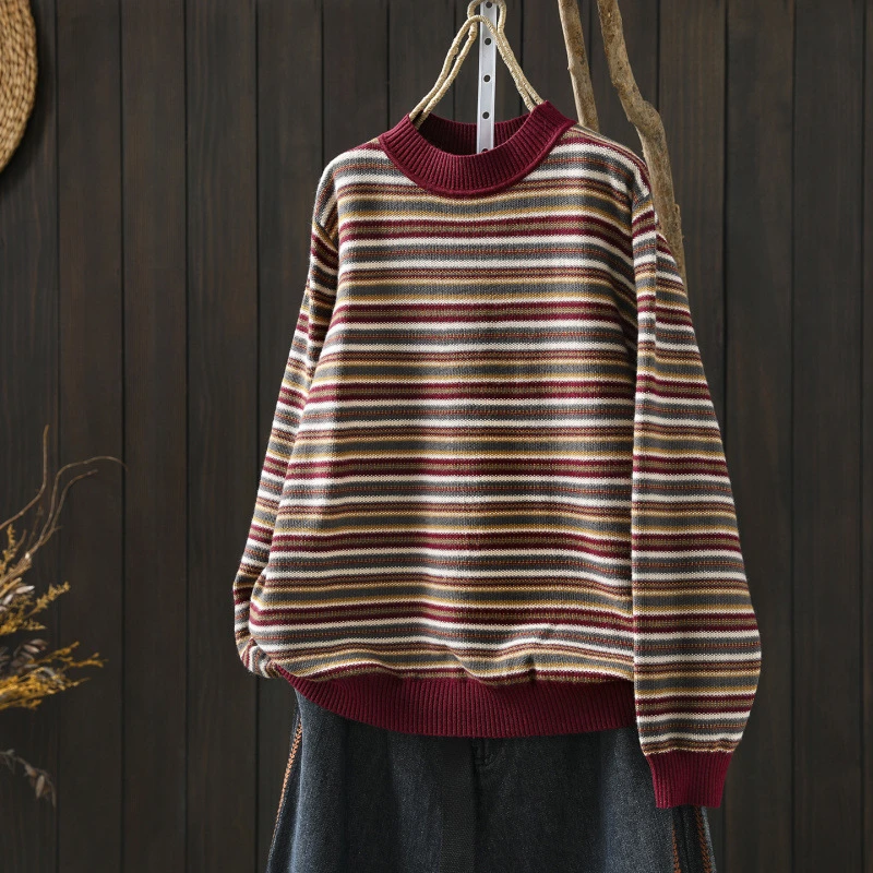 

Женский повседневный свитер с длинным рукавом, Новое поступление, осень 2022, простой стиль, винтажный полосатый свободный женский базовый вязаный пуловер M2087