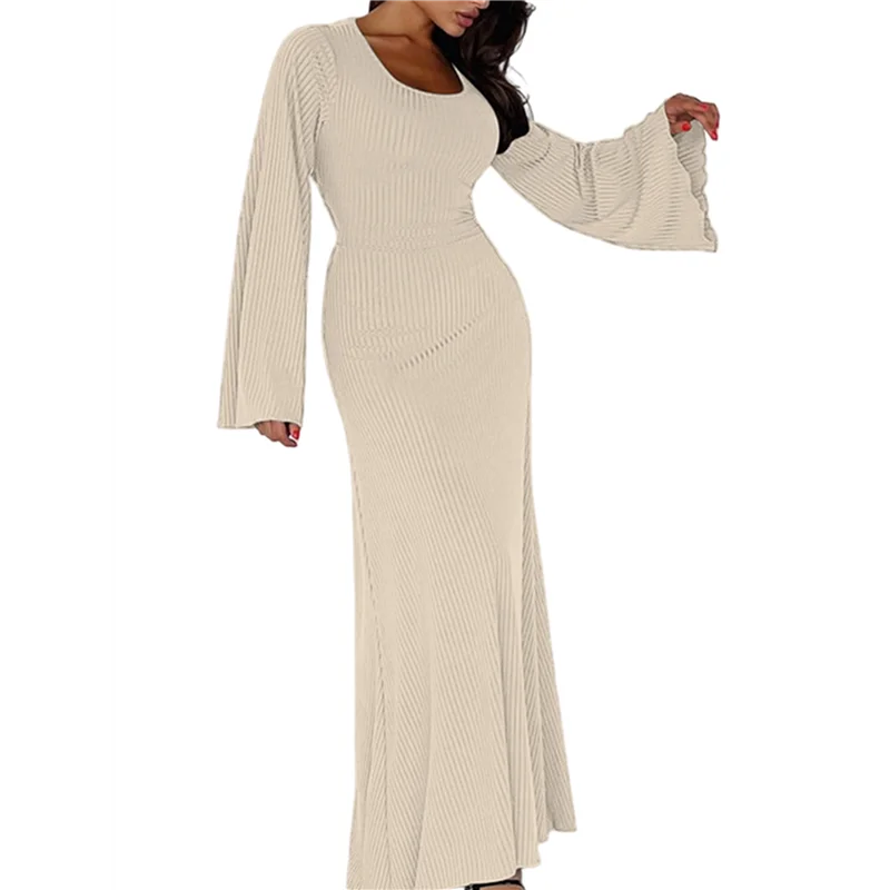 Nuevo vestido de invitados de boda para mujer, vestido largo ajustado de punto acanalado de manga larga, vestidos formales de otoño