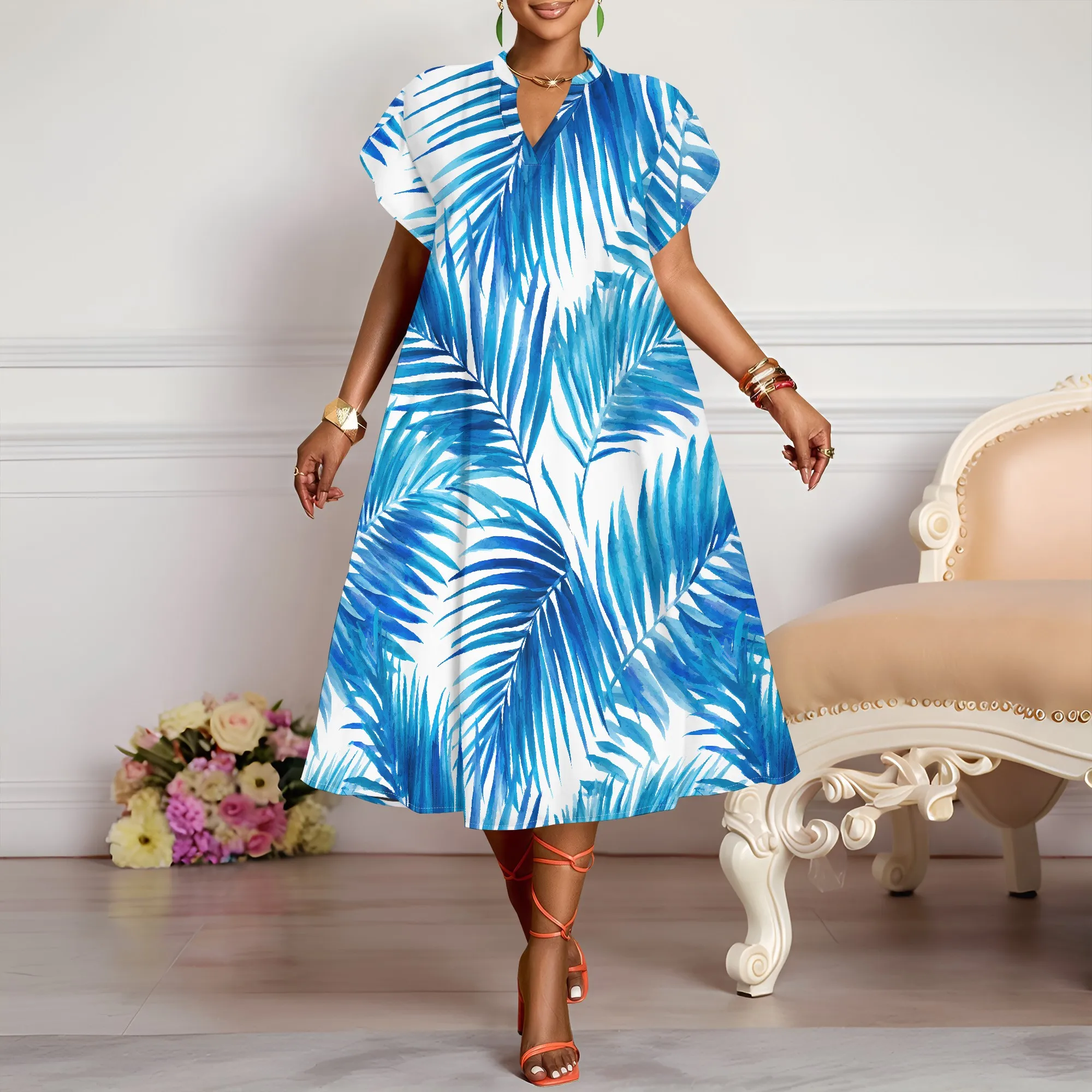 Blue Leaf Print V-Neck Dress, Tropical Pattern Midi Dress, Summer Casual Wear, Vacation Beach Outfit, XS-3XL