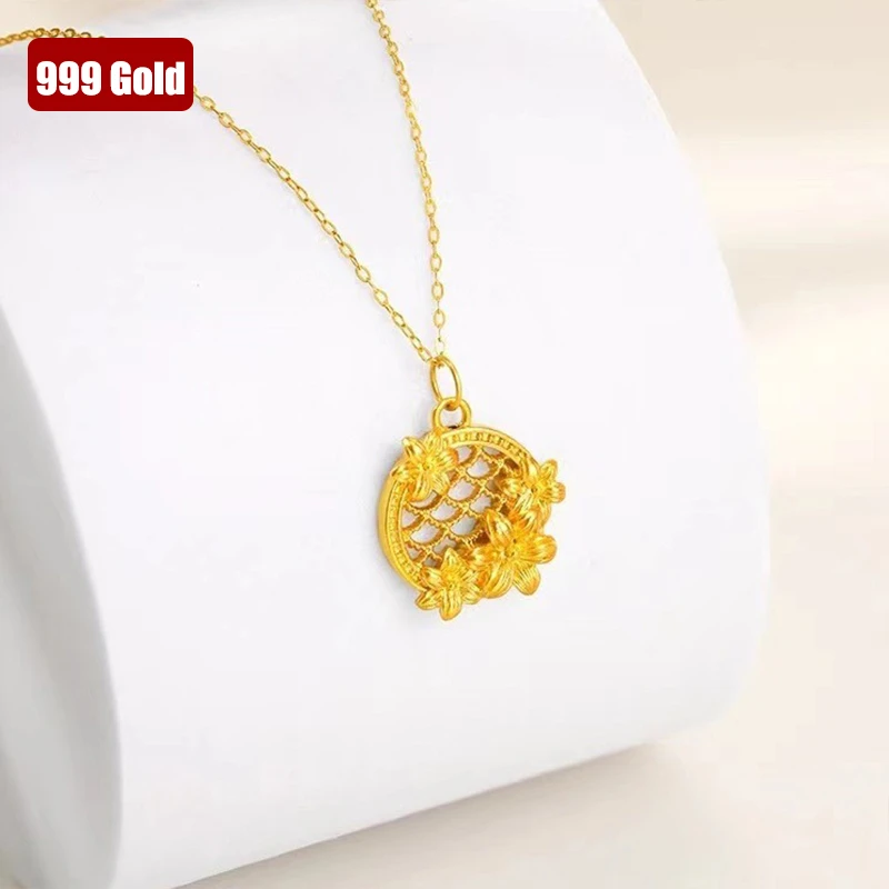 999 Pure Real Gold 24K Flower Pendant Necklace Fine Jewelry For Woman Gift Fine Jewelry