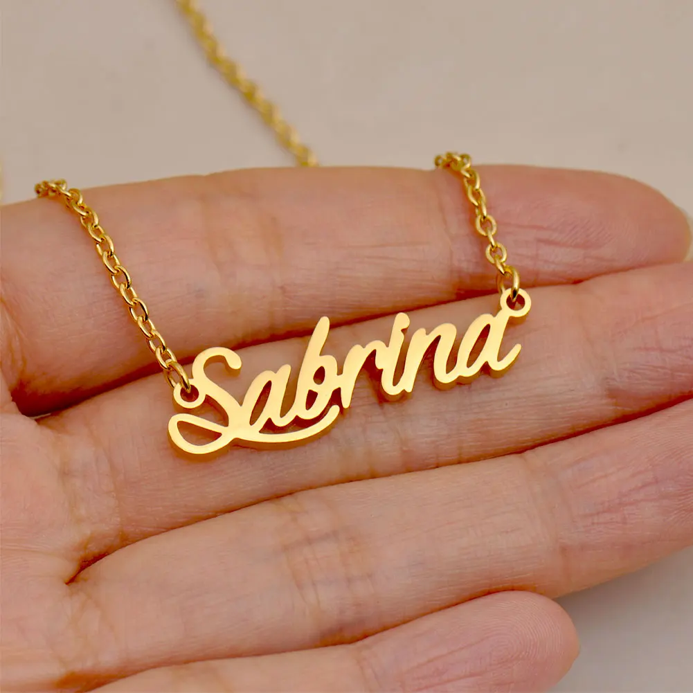 

GR859C Sabrina Gold Stainless Steel Pendant Name Necklace for Women Cursive Letter Chokers Annivesary Gift