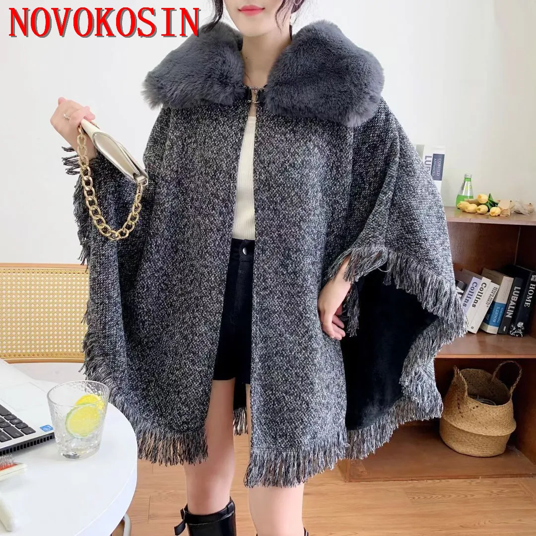 

6 Colors 2022 Grey Poncho Winter Warm Long Cape Loose Thick Velvet Cloak Women Faux Fox Fur Neck Tassel Shawl Streetwear Coat