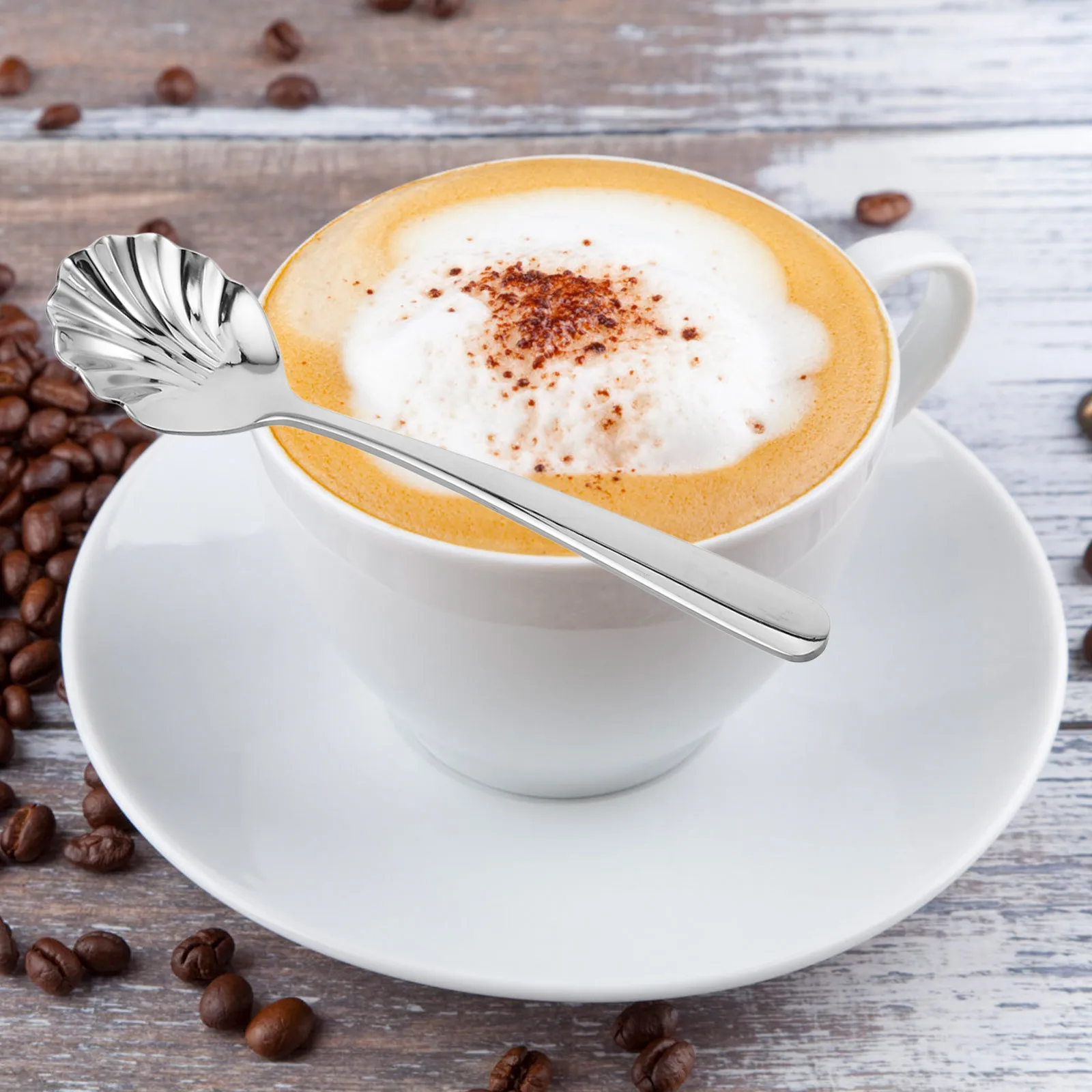 

6pcs Stainless Steel Coffee Dessert Spoons Shell Shaped For Ice Cream Yogurt Cake Hotel Cafe Vintage Style Small Soup Spoon Set