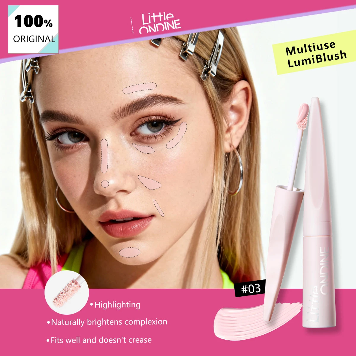 

Многофункциональный румянец LITTLE ONDINE LumiBlush 03 Sweet Cherry Pink, гладкий и легко растушевывается, естественный сияющий эффект, роскошный макияж, для контуринга и скульптурирования