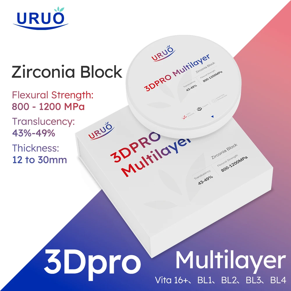 

Uruo Zirconium Disc 98mm 3D PRO Multilayer Sirona Open System CAD CAM Materials 43%-49% Transparency 800-1200Mpa Strength
