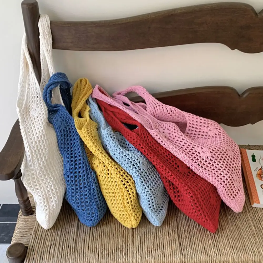 

Korean Style Hollow Out Knitted Weave Bag Braided Solid Color Knitted Shoulder Bag Handbag Vacation Style Beach Bag Ladies/Girls