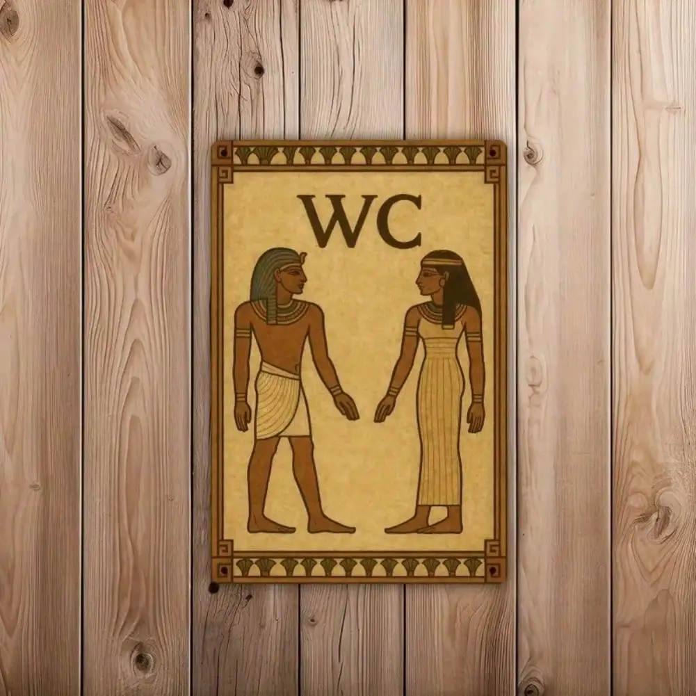 Vintage Egyptian Anubis and Bastet Metal Wall Art, 2D Decorative Restroom Sign with Hieroglyphs, Creating a Unique Bathroom Decor