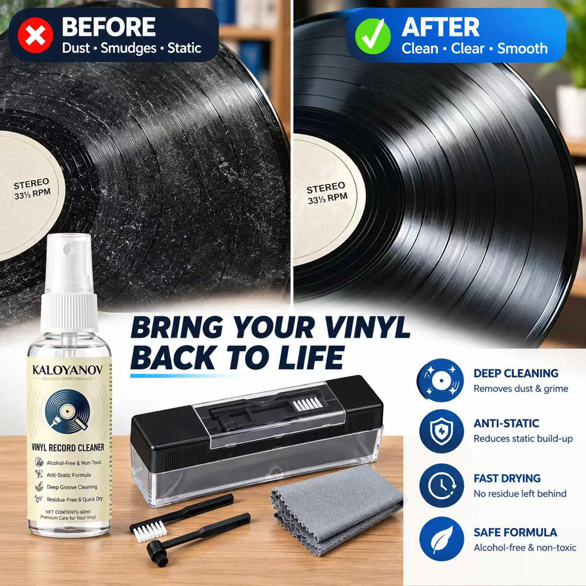 Vinyl Record Cleaning Kit Anti-Static Record Cleaner Spray, Velvet Brush, Stylus Needle Brush, Microfiber Cloth for LP Turntable