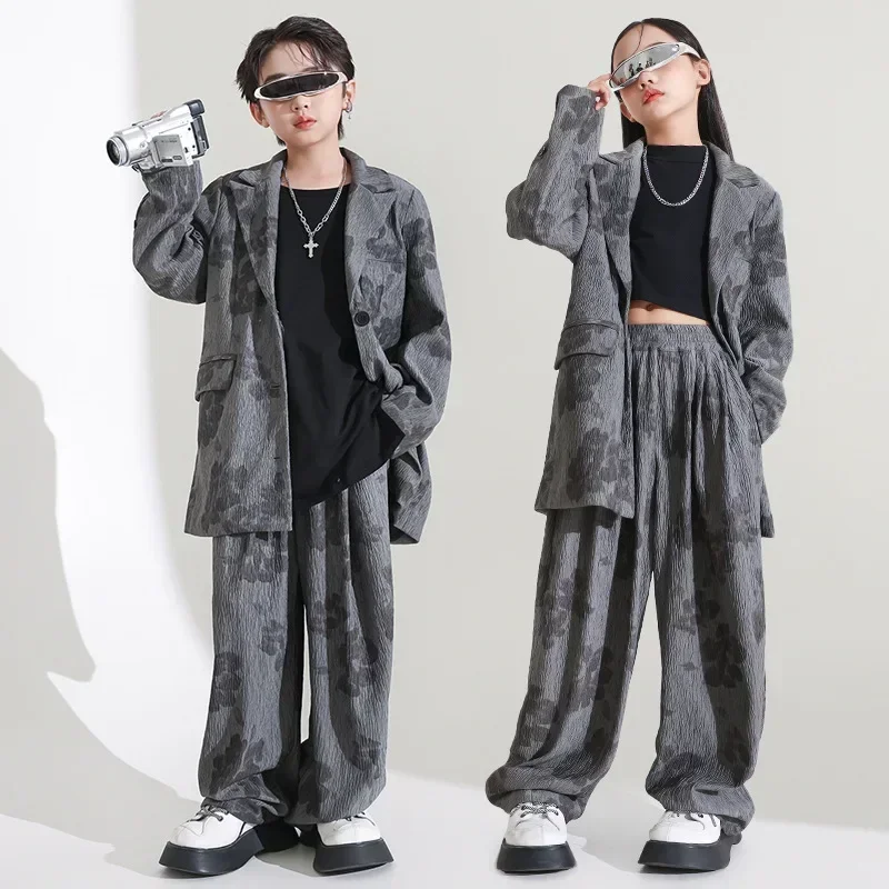 Children Boys Grils Print 2PCS Suits Sets Streetwear Fashion Loose Casual Suit Blazer Jacket Pant Tracksuits Kids Stage Clothes