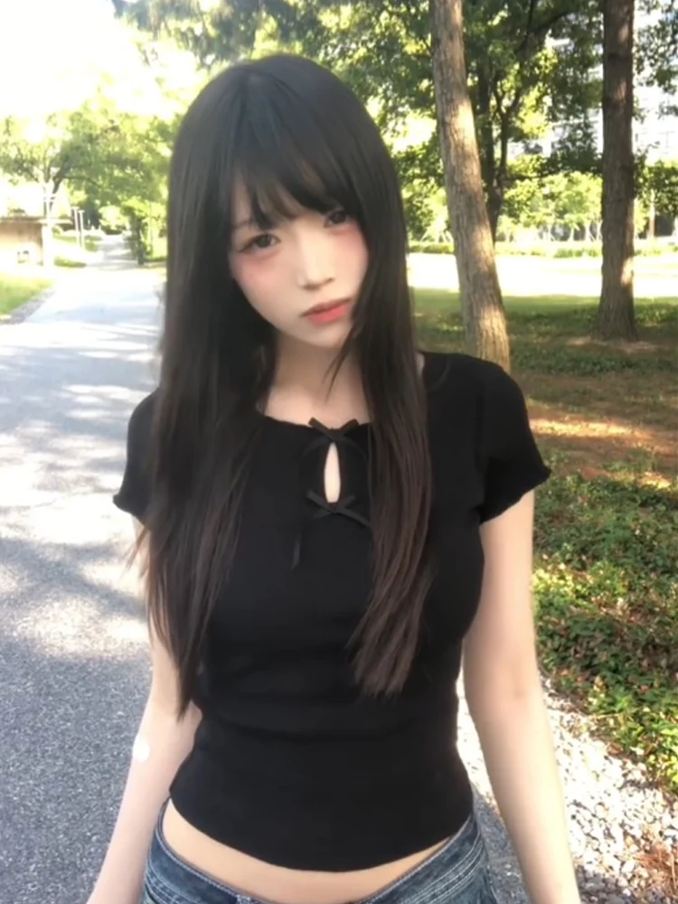 American Retro Hot Girl Knot ort Sve T-Shirt Damen Sommer Taille Cinching Schlankheits Vielseitiges Slim Fit Top