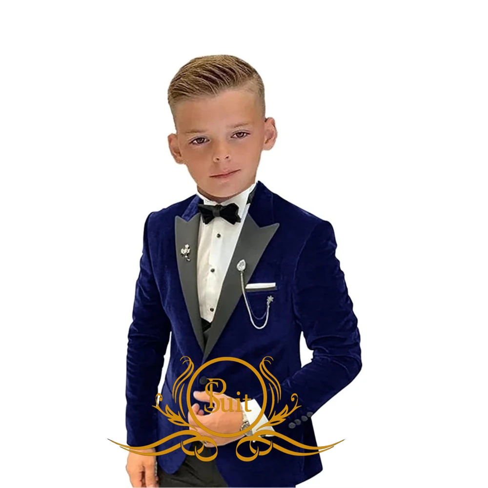 Velvet Boys Suit Wedding Tuxedo 3-pieces Set Jacket Vest Pants Prom Party Formal Kids Blazer Outfit