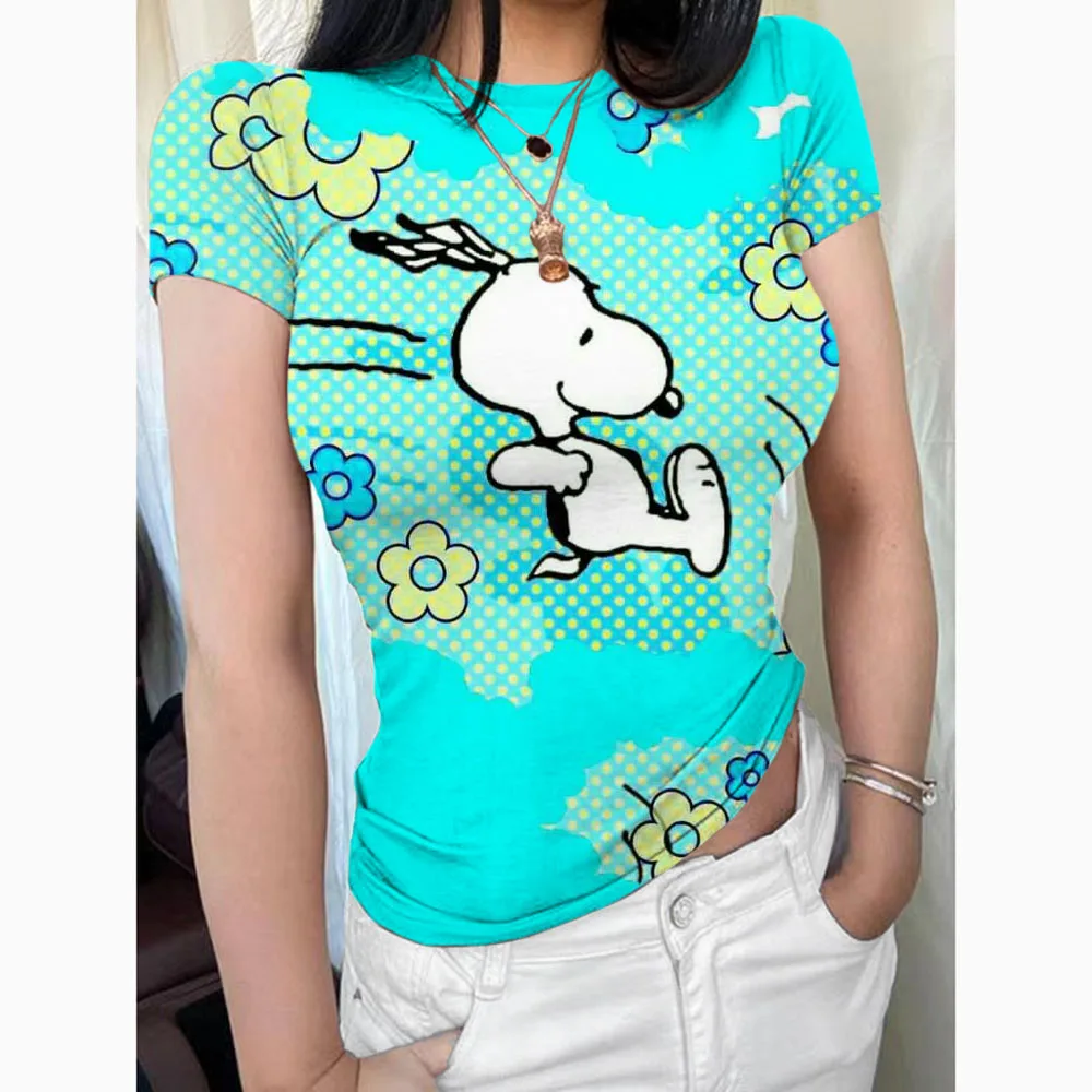 T-shirt slim fit a maniche corte da donna girocollo 202 casual Snoopy print top pullover basic T-shirt street wear Y2K stretto T-shi