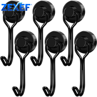 ZEXEF 1-6pcs Black Magnetic Hook Heavy Duty Magnet Hook with Swivel Hook for Home Kitchen Refrigerator Wreath Key