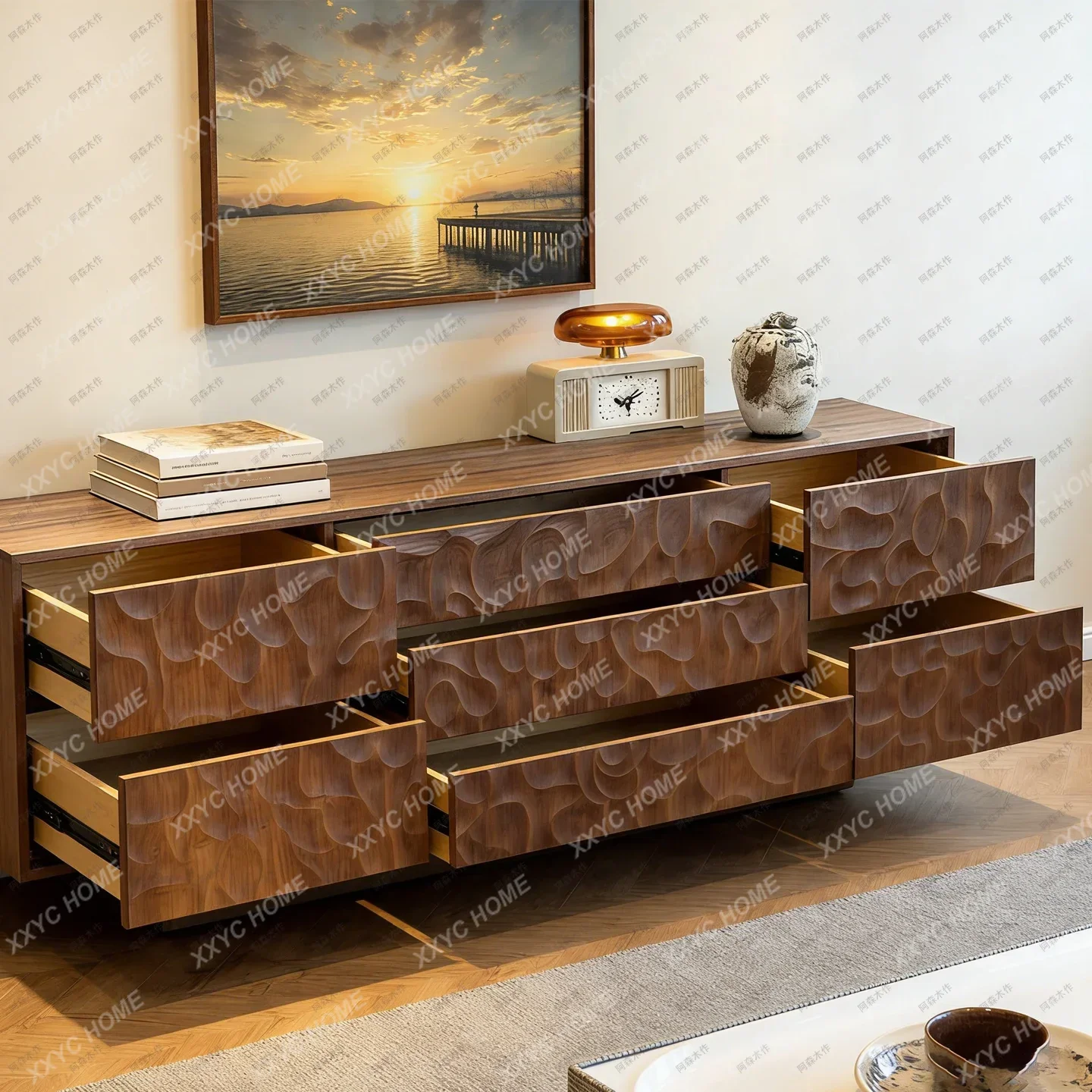 BJ North American Black Walnut Solid Wood Sideboard,  Carved Living Room, Wall Storage Cabinet, Second-hand