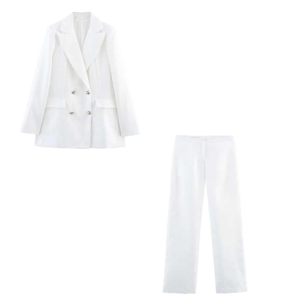 

ZBZA Women Commuter Loose Blazer Trousers Set Lapel Double-breasted Pocket Jacket High Waist Straight Pants Spring New Chic Suit