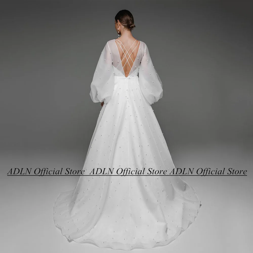 Customized Pearls Wedding Dresses Puff Sleeves Round Neck Back Criss Corss High Split A Line Organza Bridal Gowns Sweep Train