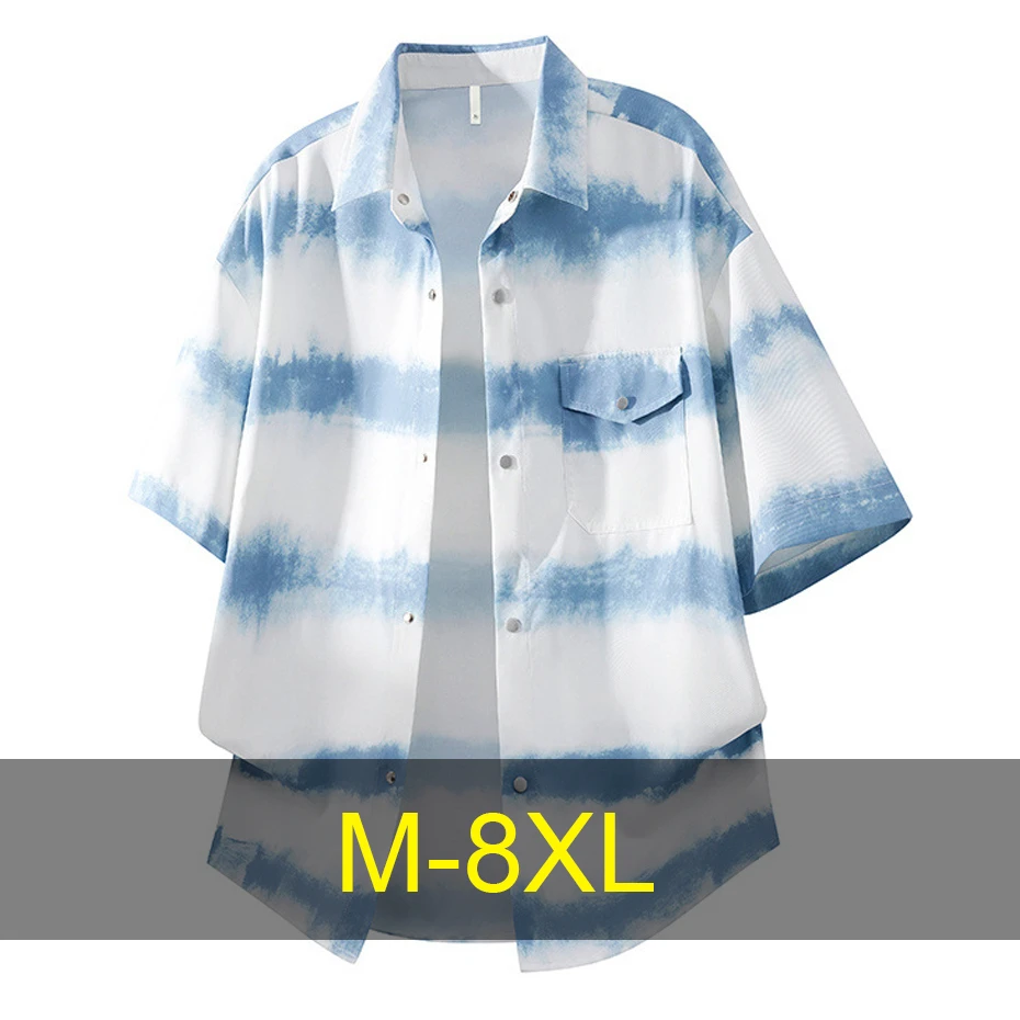 

8XL Plus Size Summer Cool Shirts Men Vintage Striped Tie Dye Shirt Fashion Casual Short Sleeve Shirts Male Big Size 8XL
