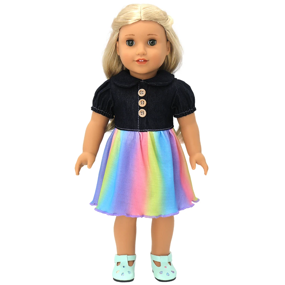 

18 Inch Doll Rainbow Denim Print Dress, Polyester Short Sleeve Casual Outfit, Doll Clothing Accessory, No Doll or Shoes Included