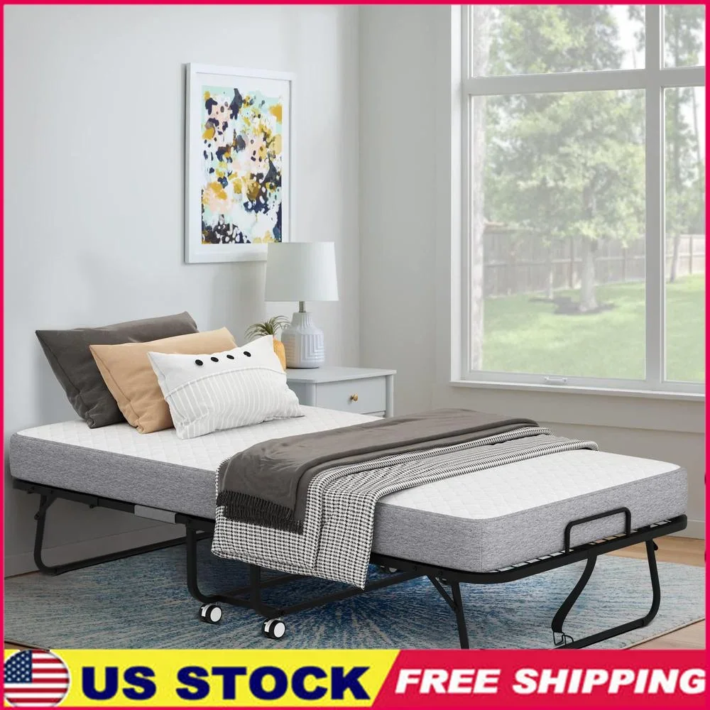 Rollaway Folding Bed with 5 Inch Memory Foam Mattress Portable Guest Bed Heavy Duty Steel Frame Easy Mobility Space Saving