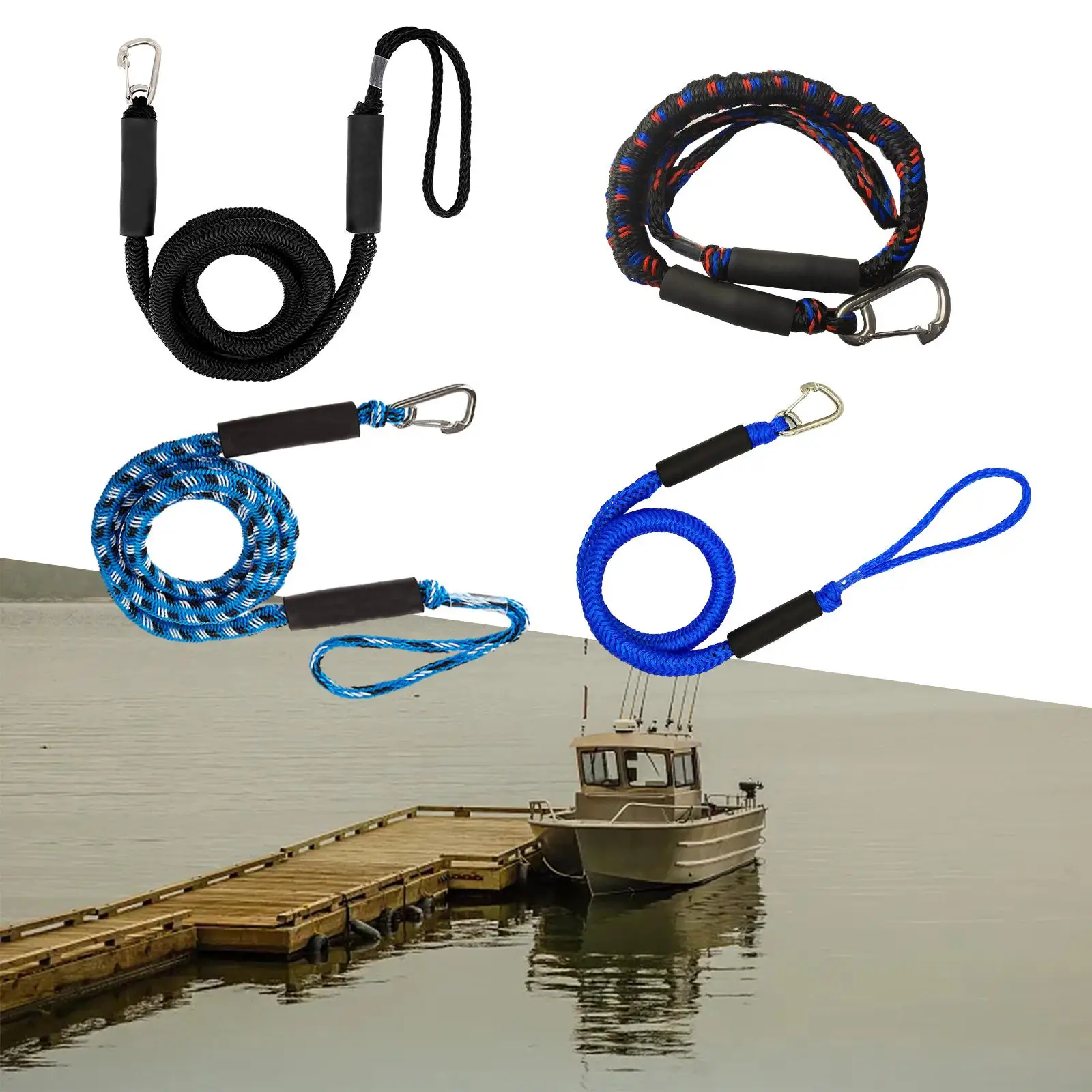 Boat Bungee Dock Line Portable 4 Feet with Stainless Steel Clip Boat Tie Down Ropes Docking String Dock Line Fittings