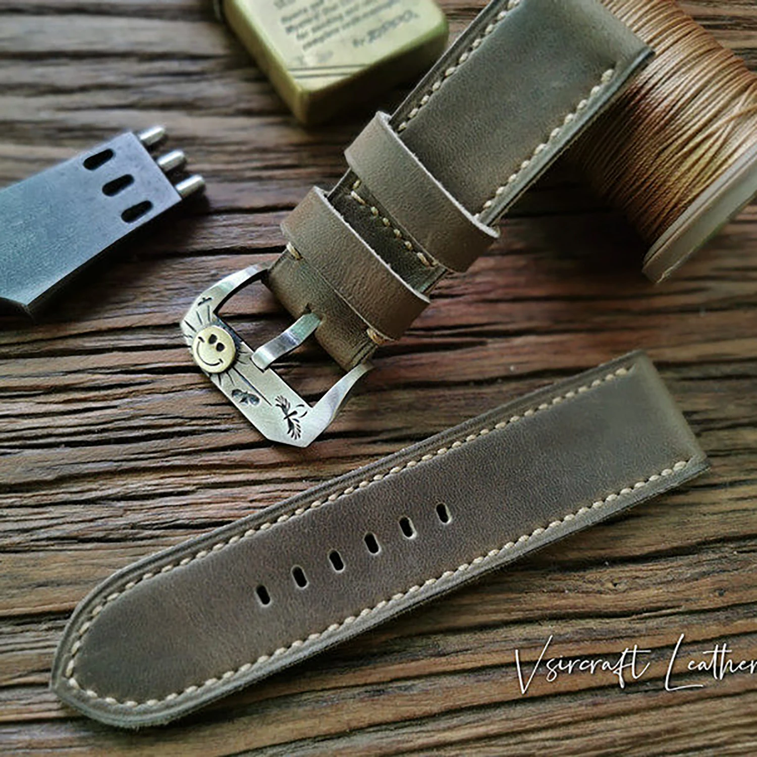 HANDMADE CUSTOM LIGHT BROWN ITALIAN TEAK COWHIDE VINTAGE SOFT THICK DURABLE PIN BUCKLE WATCH STRAP