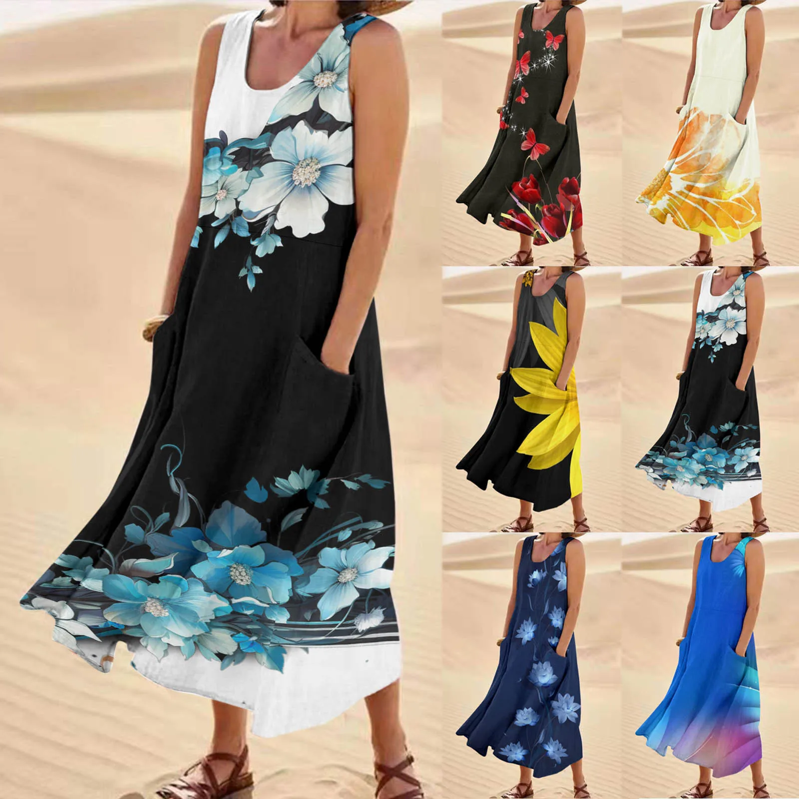 

2024 New Women Summer Loose Dress Sleeveless Floral Print O Neck Sundress Casual Beach Dress Petite Maxi Dress For Women