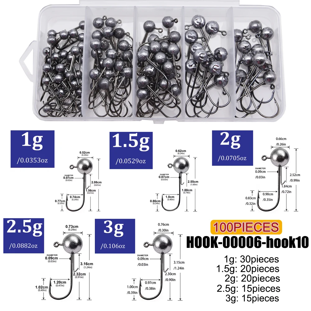 Mrlurion Box-Set 1g 2g 3g 5g 7g 10g 15g 17g 20g Jigkopf-Angelhaken-Kit für Barsch, Barsch und Forelle, Weichplastik-Soft-Worm-Haken – Detail 2