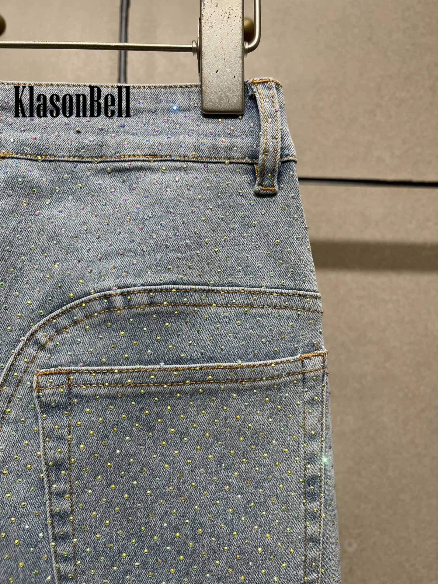 5.19 KlasonBell-Women\'s Mid Waist Flare Denim Trousers, Personality Fashion, Bling Crystal Diamonds, All-Match Slim Flare Jeans