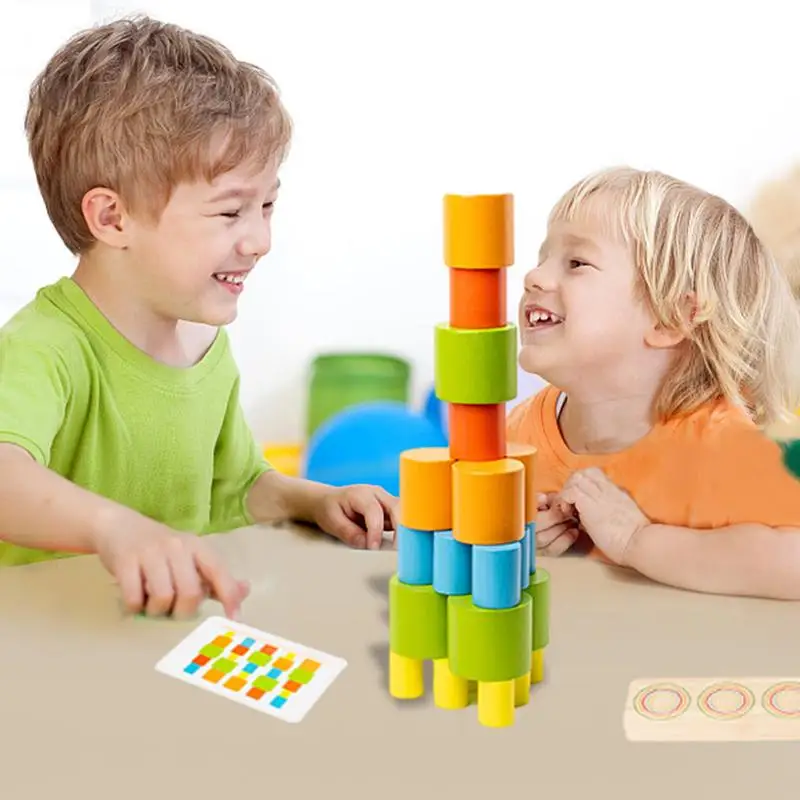 Wooden Stacking Toys Wooden Building Blocks Stacking Toys Toddler Board Games Color Sorting Toys Interactive Fine Motor Skills