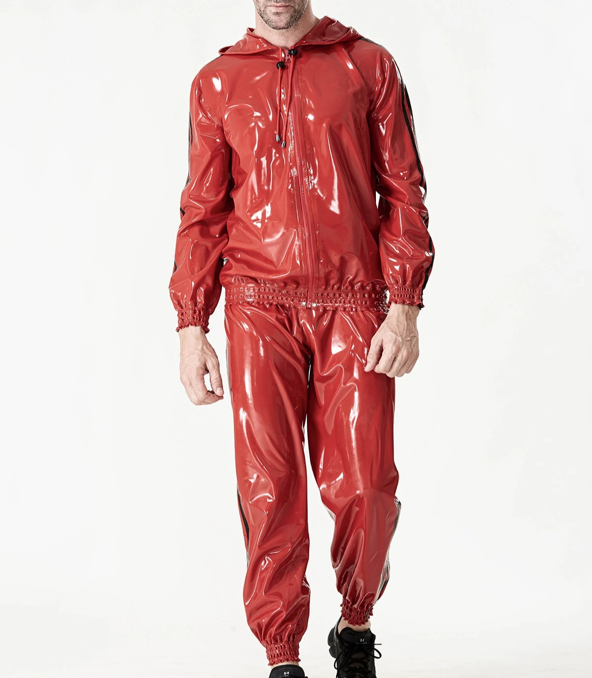 

rubber men's red latex tracksuit set skin tight hooded jacket pants black stripes stylish latex sportswear fashion customized
