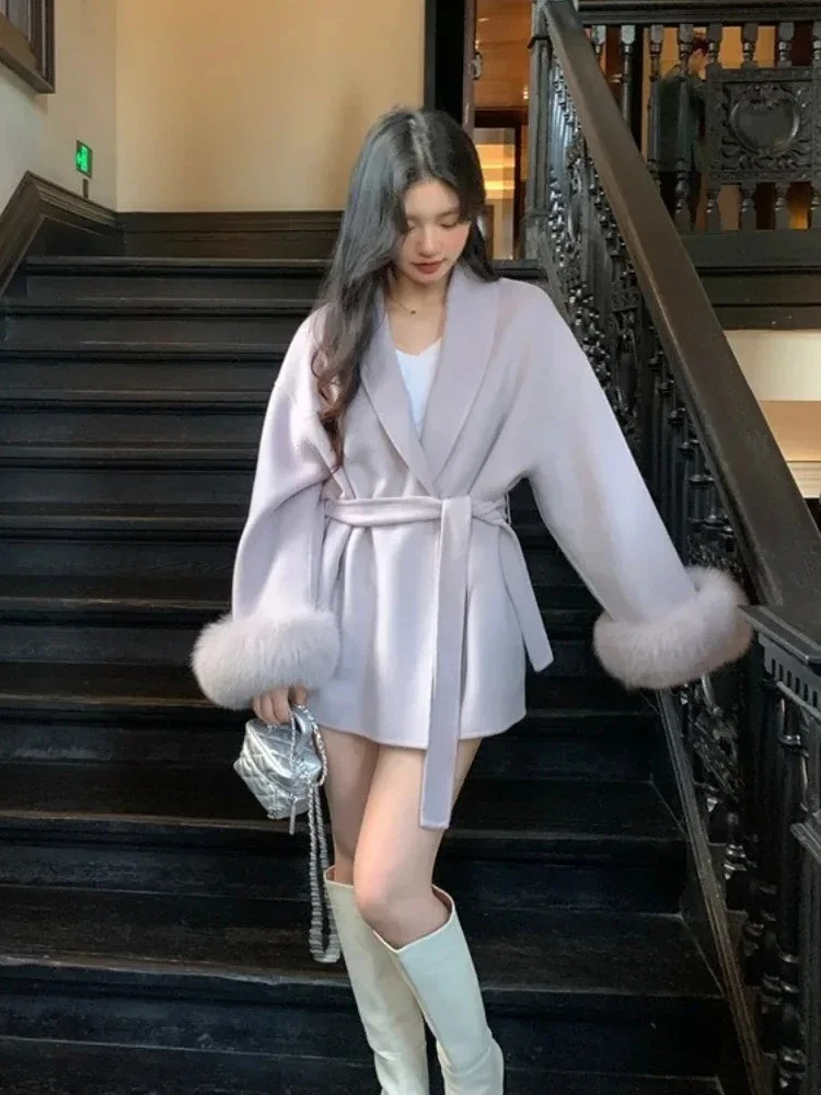 المرأة سميكة الدافئة الكشمير الفراء الطبيعي معطف الصوف ريال فوكس الفراء سترة صوفية 2025 جديد فاخر الخريف الشتاء الملابس الإناث