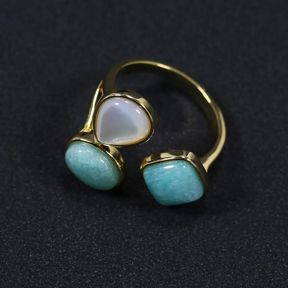 G-G Real Gems Blue Peruvian Amazonite Teardrop White Shell Pearl Ring Electroplated Rings Adjustable Simple Rings image 6