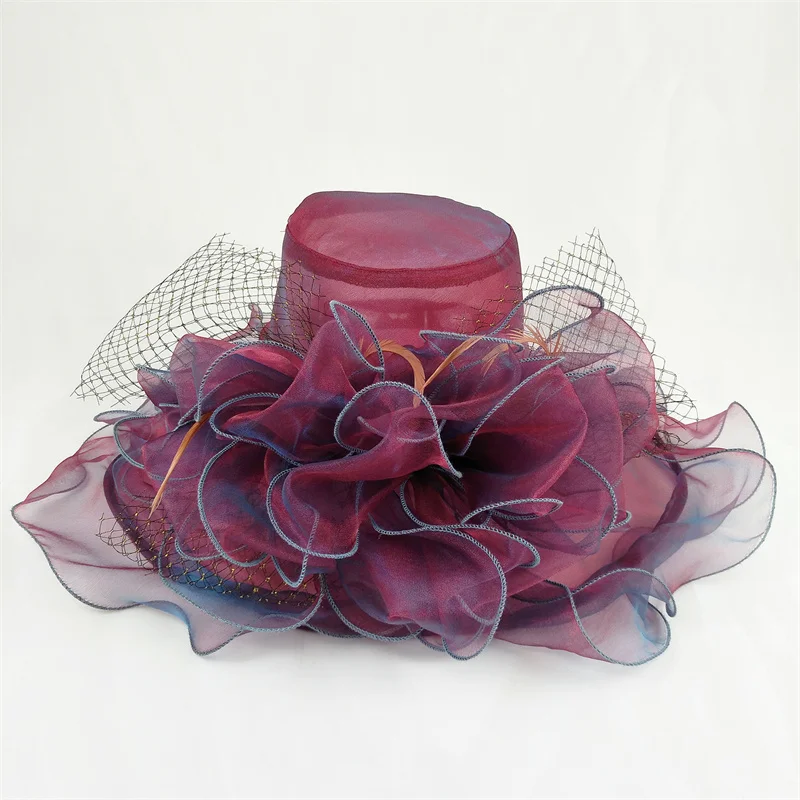 Big Organza Flower Sun Hats for Women, Beach Holiday Wide Brim Tea Party Hat Elegant Ladies Church Kentucky Derby Headwear