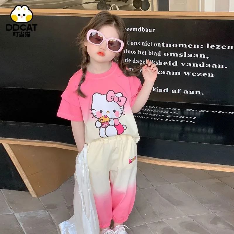 

Милая летняя рубашка Hello Kitty Kuromi в стиле аниме Kawaii Sanrio, комплект со штанами, милая детская повседневная толстовка с капюшоном, одежда, подарки для девочек и мальчиков