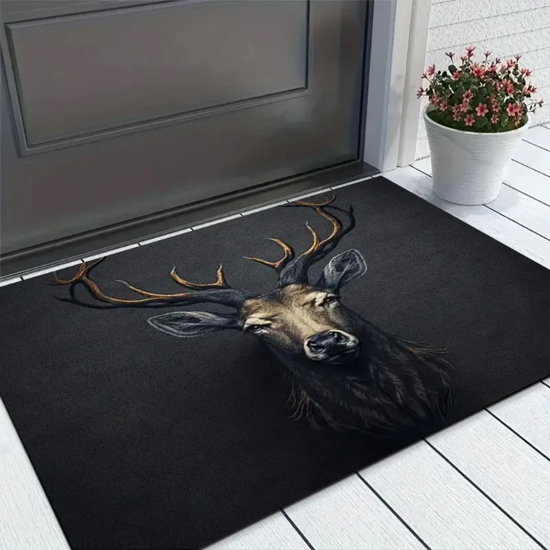 Vintage Deer Head Antler Art Print Flannel Doormat Non Slip Front Entry Floor Mat Wild Animal Rustic Style Entrance Decor Rug