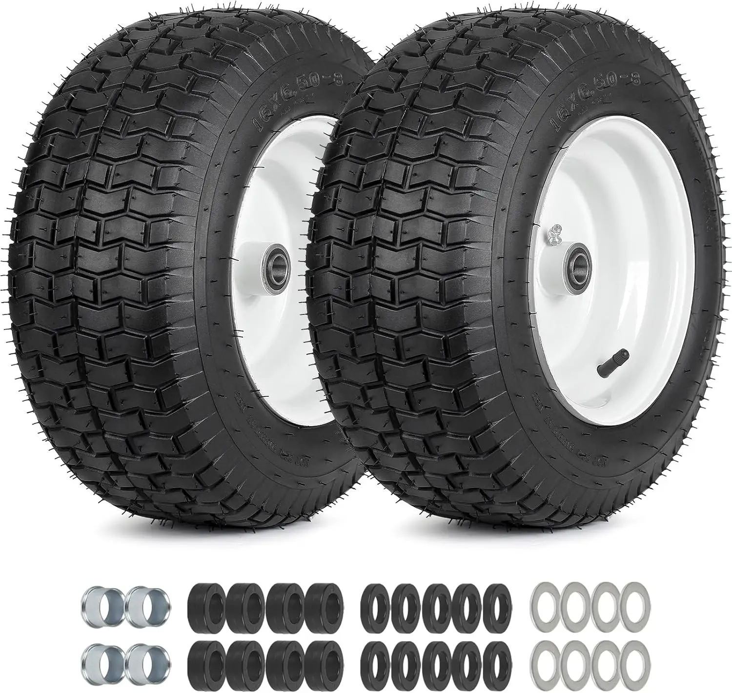 

16x6.50-8 Riding Lawn Mower Rubber Tire and Wheel, 2 Pcs Replacement for Garden Tractor, Bearing Bore 3/4" & 5/8", Hub 3"-4.5"