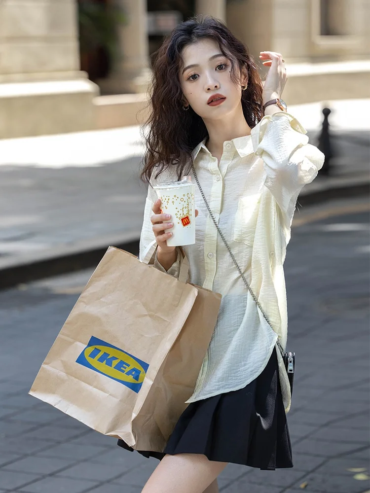 

Korean Sle Versatile Long Sve Silk irt Women's Early Spring New Design Retro Small Size Women's Button up Ne