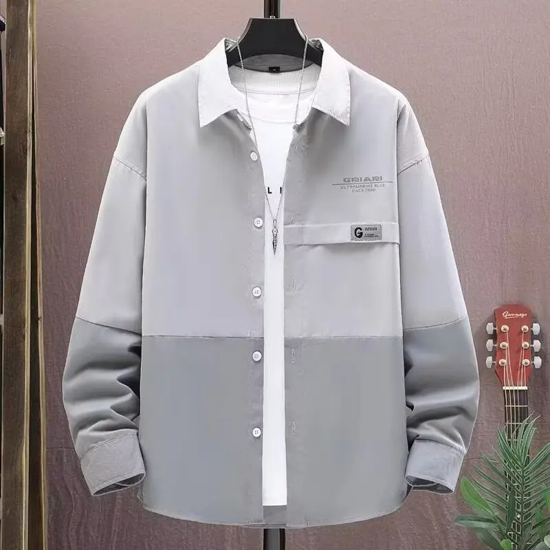 

Trendy Men's Long Sve Workwear irt Loose Casual Faion Outerwear Spring Autumn Patchwork Classic Collar Button Detail