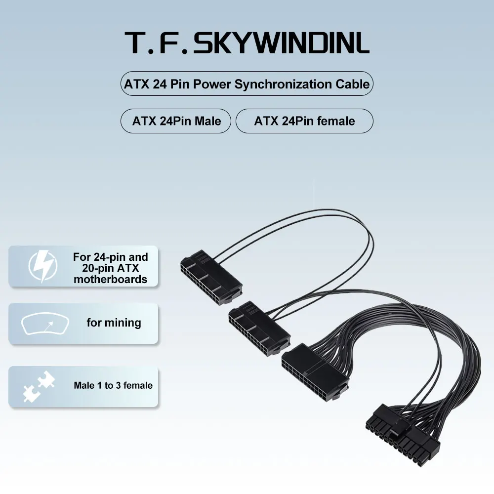 

30cm ATX 24-Pin Male 1 to 3 Female PSU Extension Cord Adapter 24-Pin ATX Chassis Power synchronization Splitter