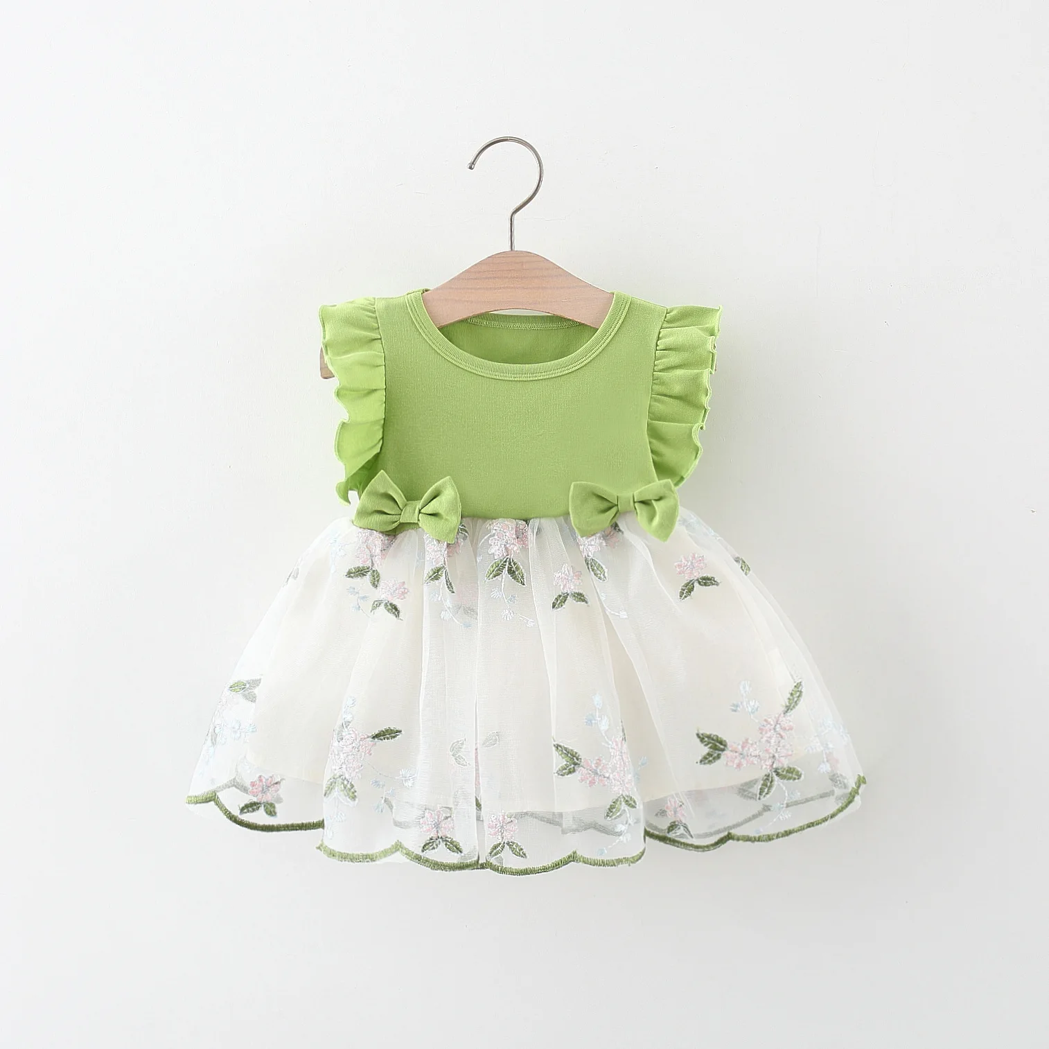 Summer New Girl Baby Dress Mesh Flower Embroidery Bow Small Flying Sleeves Fluffy Dress Sweet Princess Dress