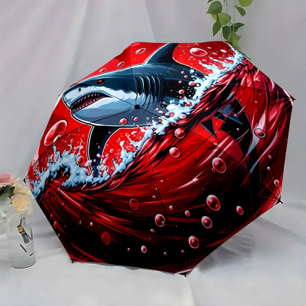 1PC Shark-Themed Umbrella with Bold Red and Water Effects Print 8 Iron Ribs Folding Umbrella Auto-Open Fashion Sunshade