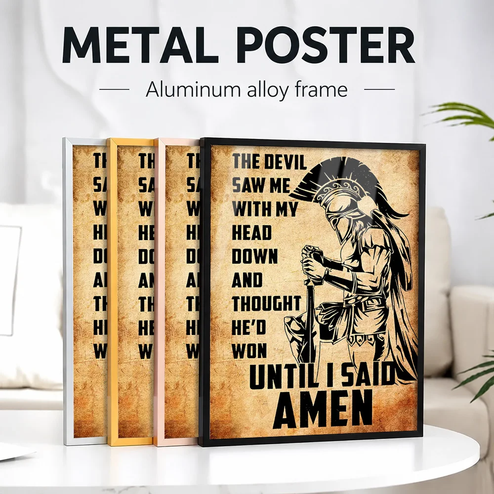 Amen Spartan Faith Quote Metal Poster With Aluminum Alloy Frame Personalized Photo Renaissance Visual Style Wall Art For Study