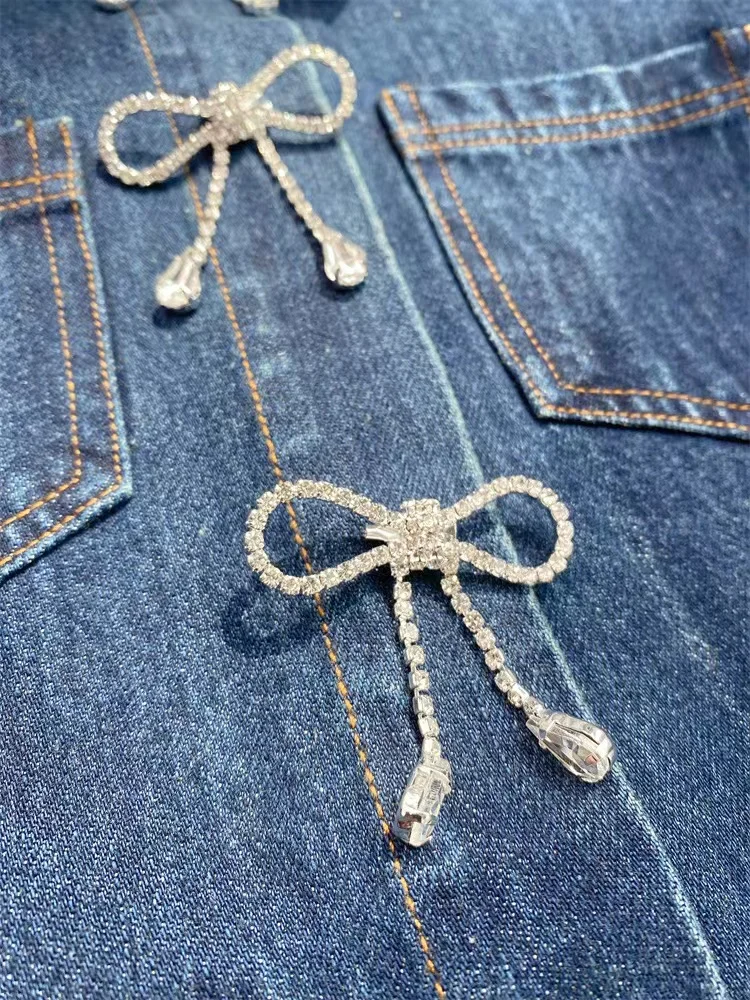 Spring Summer New Fashion Rhinestone Bow Blue Denim Set Women Turn-Down Collar Short Sleeve Shirt or A-Line Mini Skirt Suit 2024